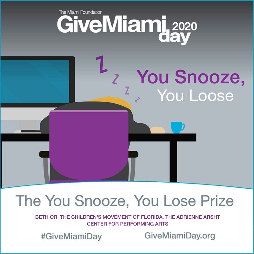 MiamiFoundation's tweet photo. Miami, $3 million is major. Kudos to the You Snooze, You Lose Prize winners -- @ArshtCenter @ChildMovementFL and Beth Or -- for raising the most dollars during #GiveMiamiDay's Early Giving!
Keep it going: https://t.co/lRr9nI22m0 https://t.co/MCBNTdijSg