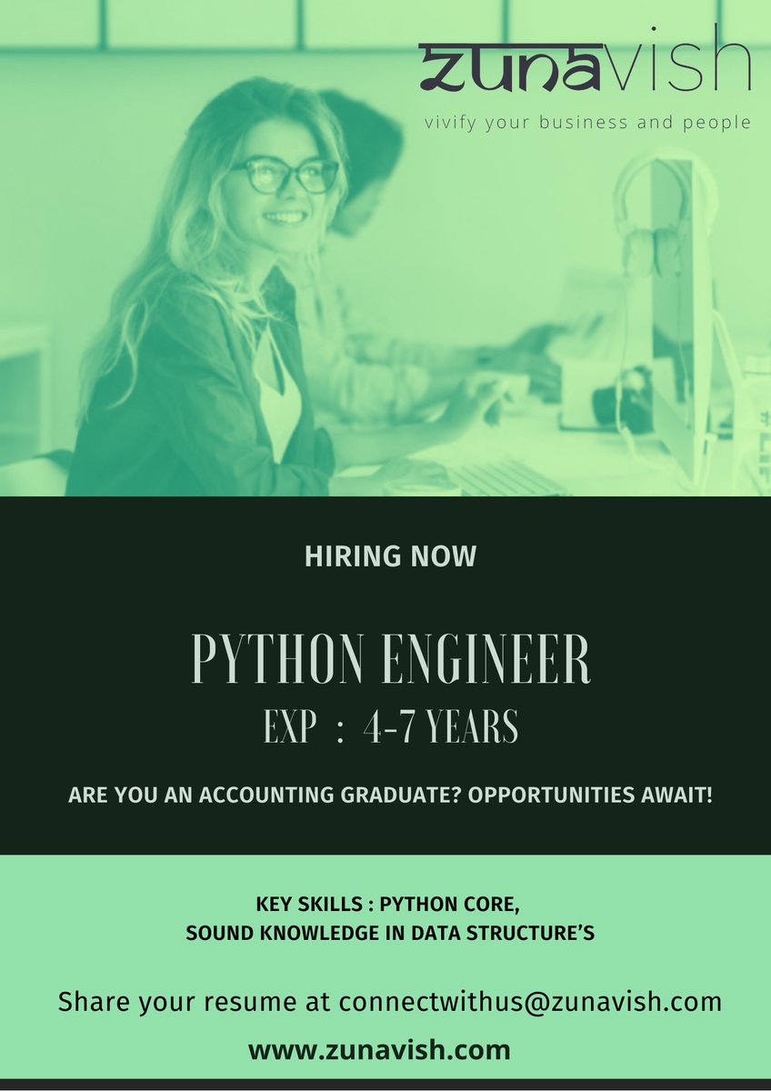 zunavish's tweet image. We are Hiring #PythonEngineer
Experience : 4-7 Years
Location : Hyderabad
Share your resume at connectwithus@zunavish.com
For More Information : zunavish.com
Skills:
Expert in #PythonCore
Familiarity with some #ORM (Object Relational Mapper