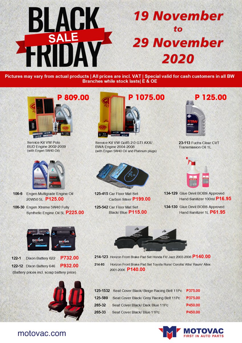 motovac's tweet photo. BOTSWANA 
It's #BlackFriday time at Motovac🎉🎉🎉
Visit any of our branches and take advantage of our #blackfriday2020 specials.

Specials valid from 19th to 29th November and while stock lasts.

#BlackFridayBotswana 
#Motovac
#FirstInAutoParts
#AskMotovac https://t.co/voUPmUzzfV
