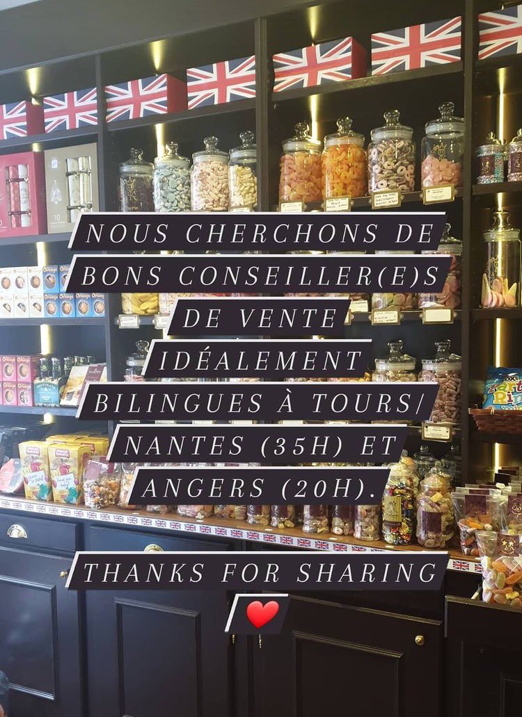 Nanteshype's tweet photo. #recrutement conseiller(e)s de #vente idéalement bilingues 🇬🇧 à 📍 #Tours #Nantes &amp; #Angers 
 ➡️ @QKConfiserie 🍬🍭🍫 #emploi #job #i4emploi https://t.co/bisc82PRLC