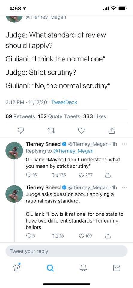 And yes, I know they're trying particularly in PA which is worth 20 and that's not irrelevant ... Dems shouldn't roll over and play dead ... buta) the Biden Harris/Dem team knew this would happen and have lawyers for this purposeb) this is Trump's favorite lawyer in court: