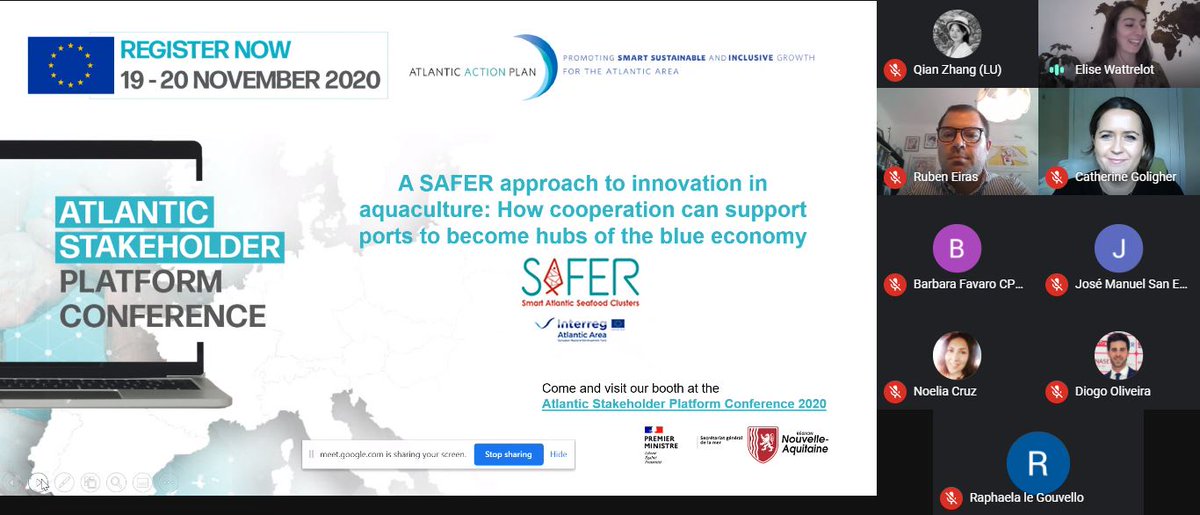 SAFERatlantic's tweet photo. Very busy morning at the #ASPC2020!
We are our workshop 'A #SAFER approach to #innovation in #aquaculture: How cooperation can support ports to become hubs of the #blueeconomy'!
After this come & stop by the #SAFERproject virtual booth to interact with some of our team members! https://t.co/KeRNEmrNsg