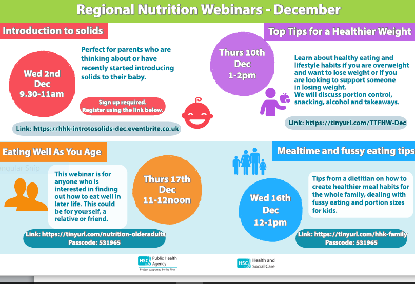 Are you interested in finding out more about food and nutrition for yourself or your family? Dietitians are taking these online workshops throughout December. There’s something for everyone. Free and open to all.