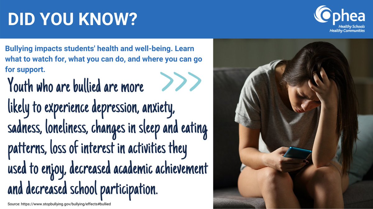 opheacanada's tweet photo. Bullying hurts. As a school community, we need to work together to ensure the safety of our peers. #HPEOnt has learning expectations for personal safety &amp; injury prevention which include learning about forms of bullying &amp; harassment. #StopBullying https://t.co/ZG7M3zORWH