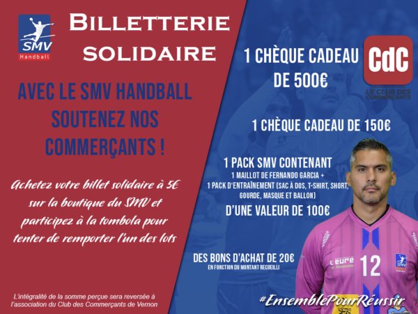 🎫 OPERATION BILLET SOLIDAIRE 🎫

🤩 Jusqu'à 500€ de chèques cadeaux à gagner ! 🔥

🙏 Le SMV Handball associe ses partenaires et Le Club des Commerçants de Vernon pour une opération de billetterie solidaire sous forme de jeu concours ! 🤳

smv-handball.com/refonte/boutiq…