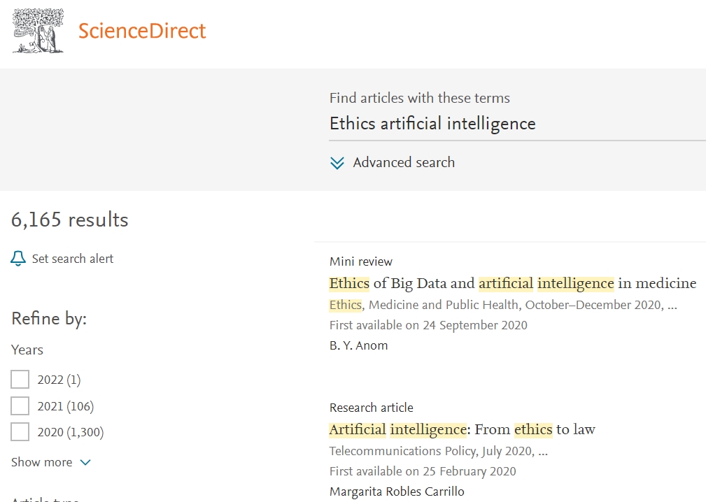 filosofiaUGR's tweet photo. Buscamos "Ethics + Artificial Intelligence" en ScienceDirect y  salen 6.165 resultados, de los cuales 1.300 son publicaciones hechas en 2020. Es injustificable que el grupo socialista excluya la Ética como materia obligatoria en ESO. 
#EnmiendaPorLaEtica 
https://t.co/lyWGqj14ed https://t.co/JVVPZpHq4S
