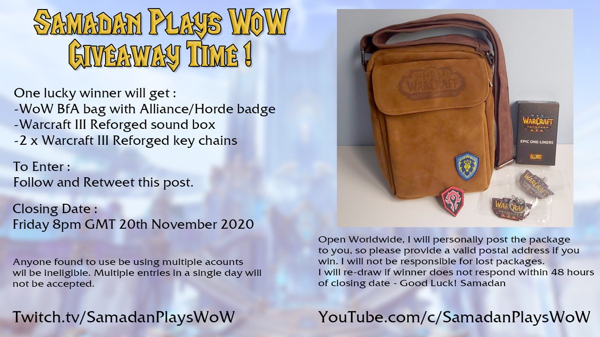 SamadanPlaysWoW's tweet image. ~~~🎉Giveaway Time!🎉~~~

#Shadowlands is almost here! In celebration, I am giving away this sweet WoW Bag and other goodies to one lucky winner thanks to @warcraft 

Follow and Retweet this message to enter. 

Closing Date - Friday 20th November 2020 8pm GMT
