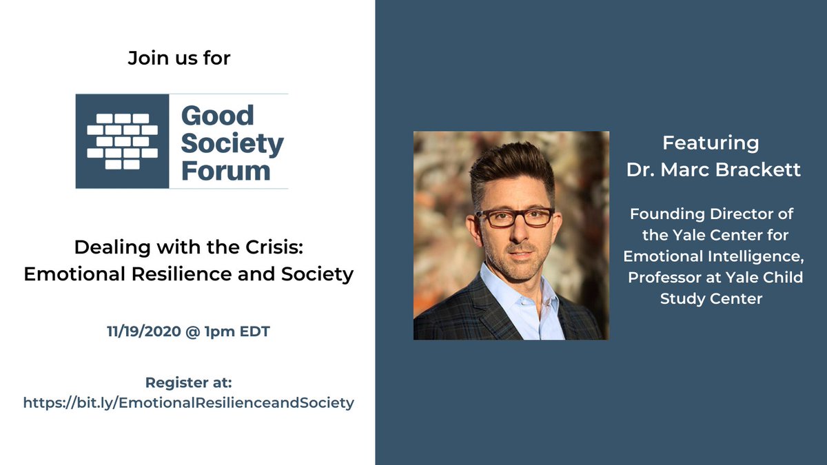 There's still time to register for today's panel, 'Dealing with the Crisis: Emotional Resilience and Society', featuring experts from @YaleEmotion and @compinpolitics @ 1pm EDT. Register here >> bit.ly/EmotionalResil… #GoodSocietyForum @Yale @YaleCSC @GoodSocForum @marcbrackett