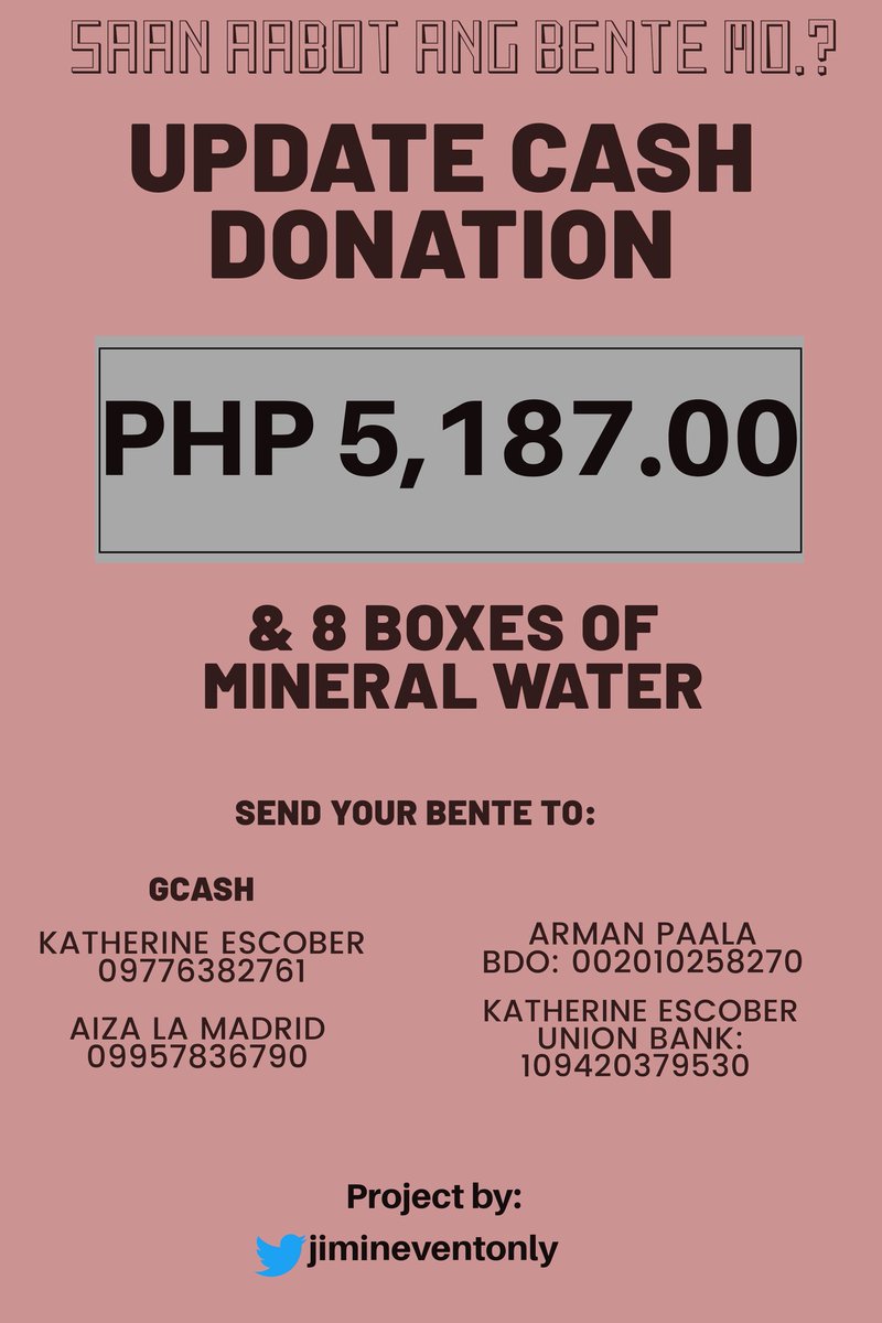 jimineventonly_'s tweet photo. 📌Saan aabot ang bente mo Project📌
Cash Update Donation:
We're still knocking on your kind hearts and help us raise funds so we can help those families broadly affected by Typhoon Ulysses.🙏💛
#CagayanNeedsHelp
#BabangonTayo
#helpcagayan https://t.co/gY1hwhPsyP