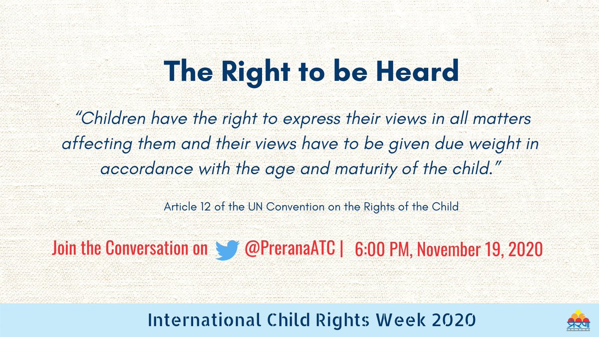 PreranaATC's tweet photo. We are holding a conversation today, as part of #ChildrensWeek to understand child participation. We will be joined in by some team members at Prerana who will also be sharing their experiences #ChildRights #ForEveryChild https://t.co/ESBrKEt4Ag