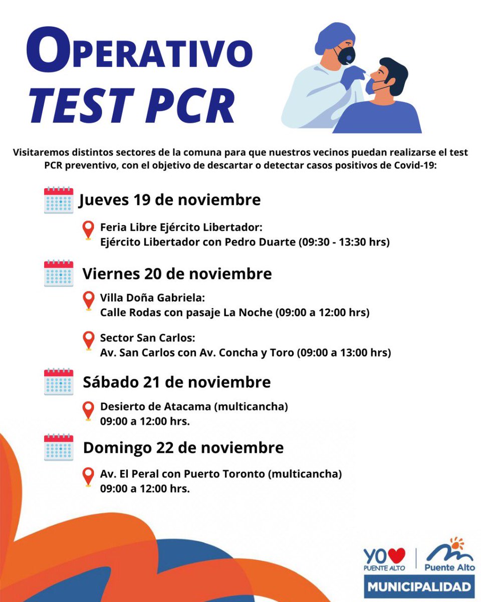 mpuentealto's tweet photo. Desde hoy y hasta el domingo continuamos con nuestro #OperativoPCR en distintos lugares de la comuna. Recuerde que es gratis y debe asistir con su cédula de identidad. Les compartimos los puntos y horarios👇 https://t.co/U9lmsv7ucd