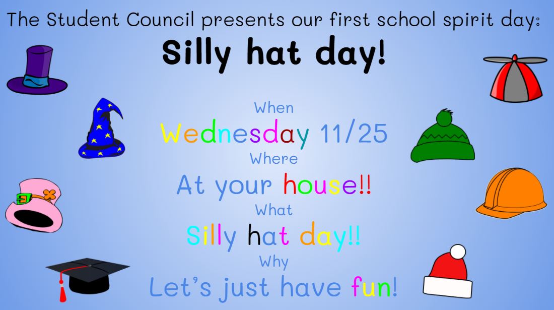 159StdntCncl's tweet photo. The Student Council presents our first school spirit day:  Silly Hat Day!  Let's show our school spirit and wear hats to our class meetings next Wednesday!  @PS159_Q @ps159q_pta https://t.co/2q6StOTcbv