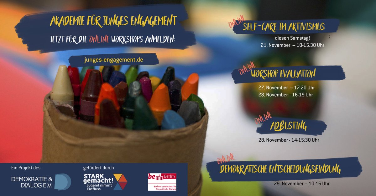 Junges #Engagement in Zeiten der Pandemie – Die Workshops sind jetzt online. Für alle Workshops haben wir auch noch kostenlose Plätze für euch!
Anmeldung und Infos auf junges-engagement.de

#Engagement #SelfCare #Aktivismus #Adbusting #twlz