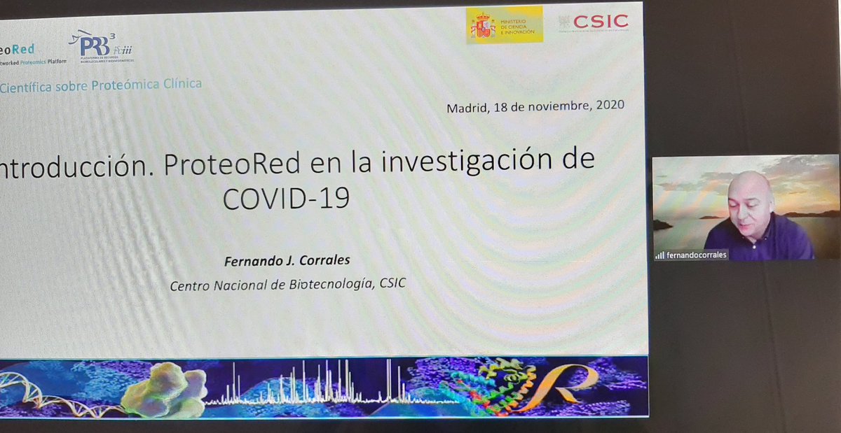 Proteomics_CNB's tweet photo. @fjcoriz Coordiandor de #ProteoRed. Presenta ProteoRed en la investigación de COVID19 en la #XIRCPC @CNB_CSIC @navarrabiomed @CSIC @SaludISCIII https://t.co/py85ptgHue