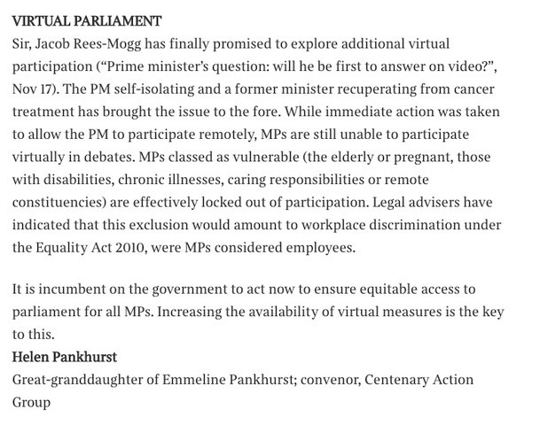 Centenary Action (@centenaryaction) on Twitter photo MPs must be trusted to decide how best to participate in parliament to ensure constituents voices are heard.
CAG convener <a href="/HelenPankhurst/">Helen Pankhurst</a> is today in <a href="/thetimes/">The Times and The Sunday Times</a> calling for <a href="/CommonsLeader/">Leader of the House of Commons</a> to immediately ensure all MPs have equal access to parliament and can use remote measures. MPs must be trusted to decide how best to participate in parliament to ensure constituents voices are heard.
CAG convener <a href="/HelenPankhurst/">Helen Pankhurst</a> is today in <a href="/thetimes/">The Times and The Sunday Times</a> calling for <a href="/CommonsLeader/">Leader of the House of Commons</a> to immediately ensure all MPs have equal access to parliament and can use remote measures.