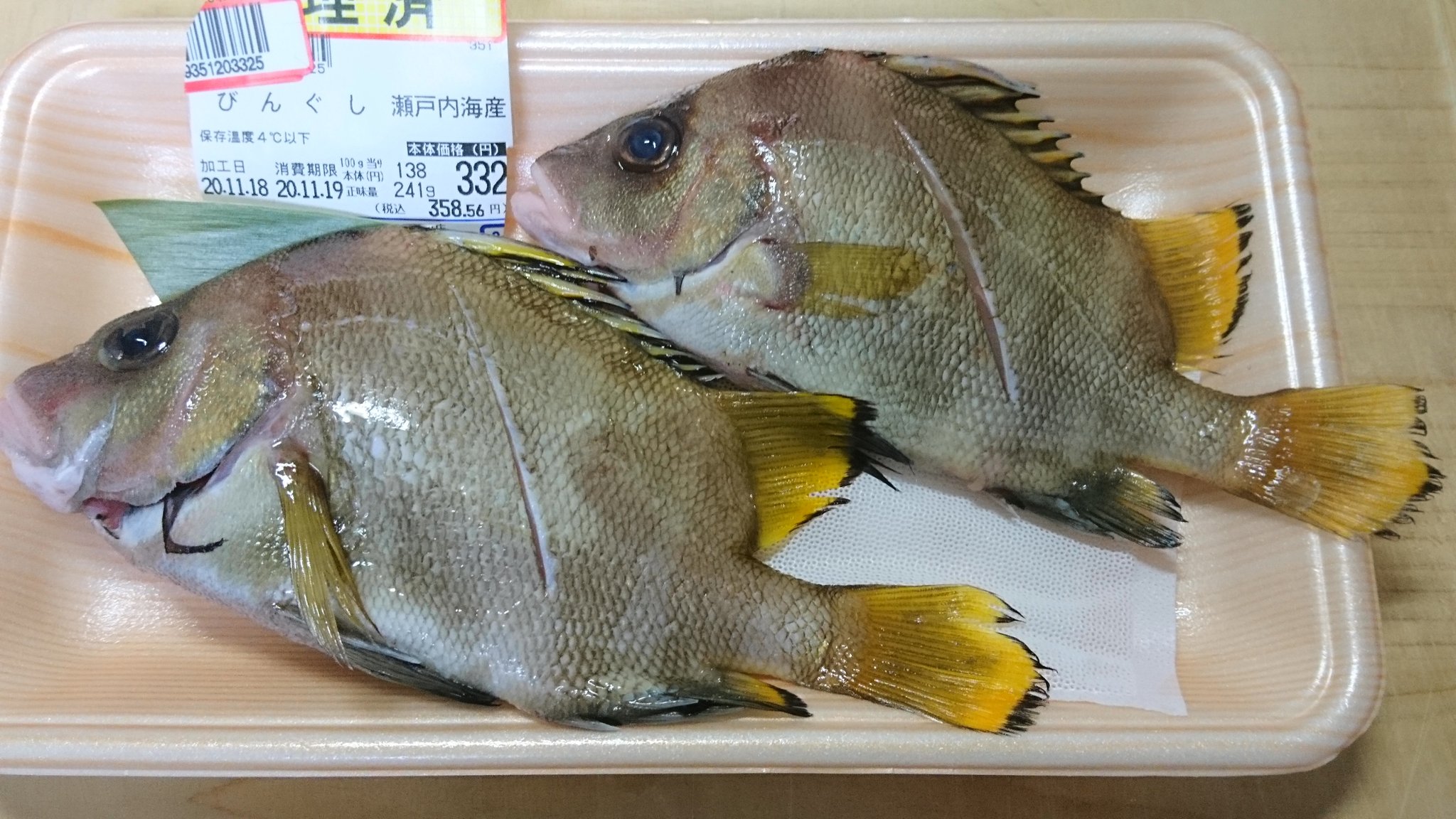 Twitter 上的 はらちゃん 今日は 仕事帰りに マルナカに寄ったら びんぐし を売っていたよ みなさんは びんぐしという魚を 知っていますか 標準和名は セトダイ あと地方名で タモリ とも言うよ ２匹いるので 塩焼きと煮付けにしたよ