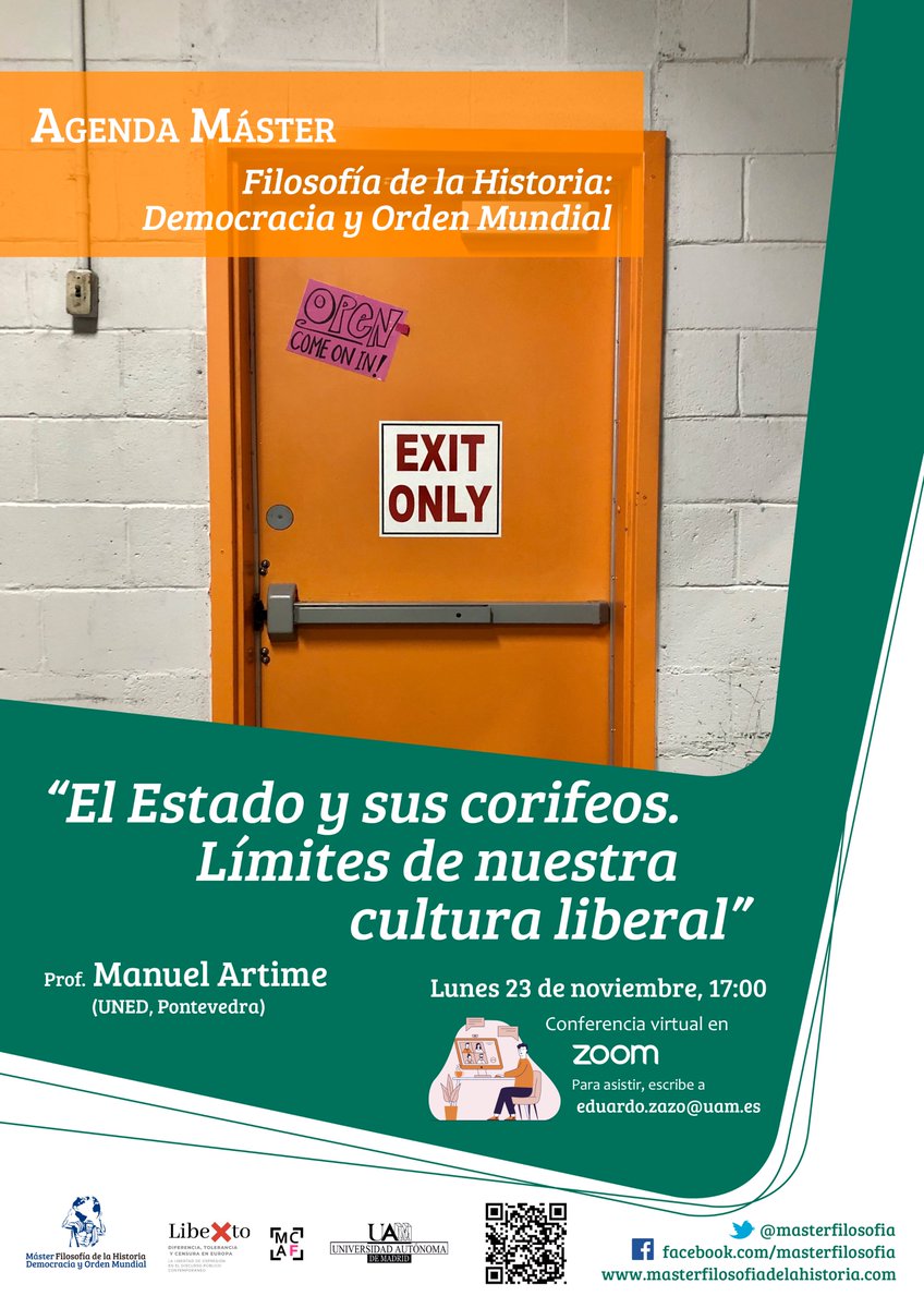 Este lunes 23 de noviembre a las 17:00 por zoom Manuel Artime (<a href="/artime_manuel/">Manuel Artime</a>), de la UNED, impartirá la conferencia "El Estado y sus corifeos. Límites de nuestra cultura liberal" en el seno de nuestro proyecto. Organizan el <a href="/masterencritica/">MCAF</a> y el <a href="/masterfilosofia/">Máster en Filosofía</a>.