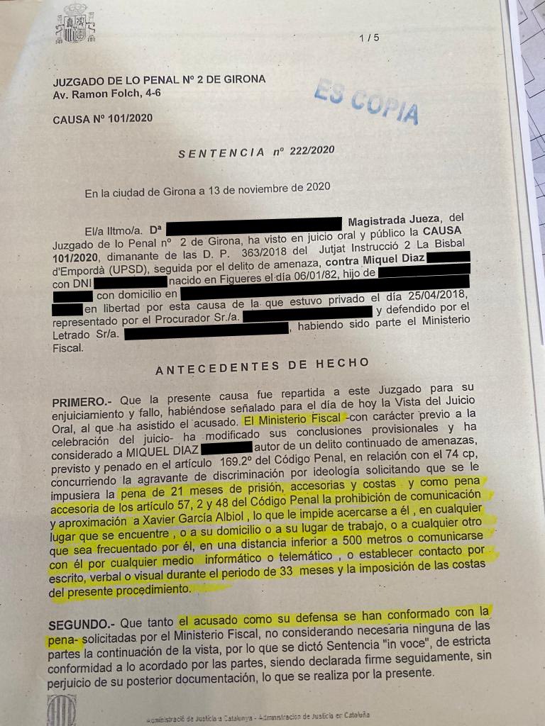 Albiol_XG's tweet photo. Satisfecho x la condena d 21 meses d cárcel y 33 alejamiento a un hombre q me amenazó de muerte en 15 ocasiones. Esta Sentencia es ejemplar y marca un antes y un después a aquellos q utilizan las redes sociales para amenazar x cuestiones ideológicas a los q no piensan como ellos https://t.co/9CWkoZniZy