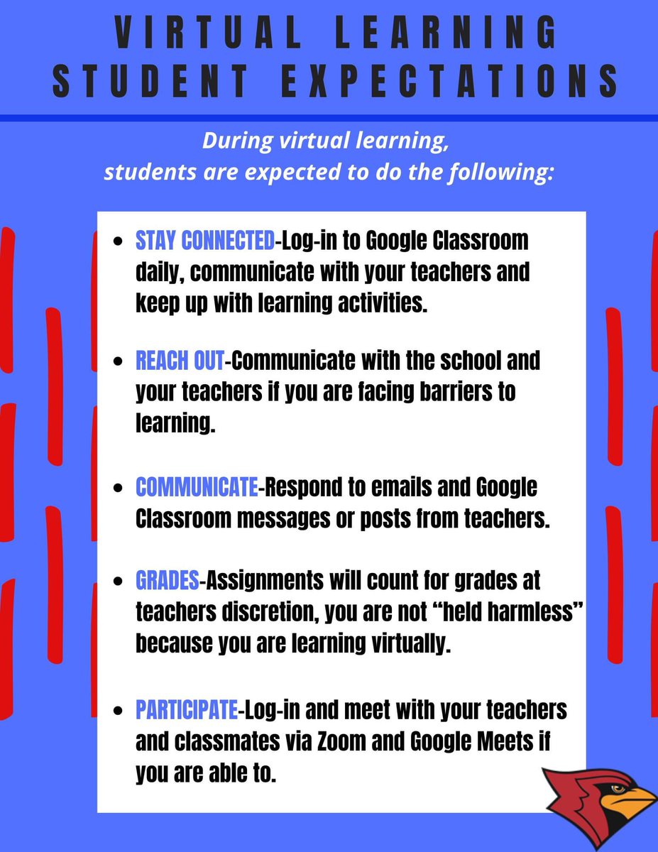 CHSCards's tweet photo. Reminder of our expectations for virtual learning. Please connect with staff who are doing lots of things to help students.

Make sure students are doing  virtual learning assignments placed in Google Classroom. Thank you! 

Need assistance? Call the High School office 885-2247 https://t.co/RLLTTYzOfx