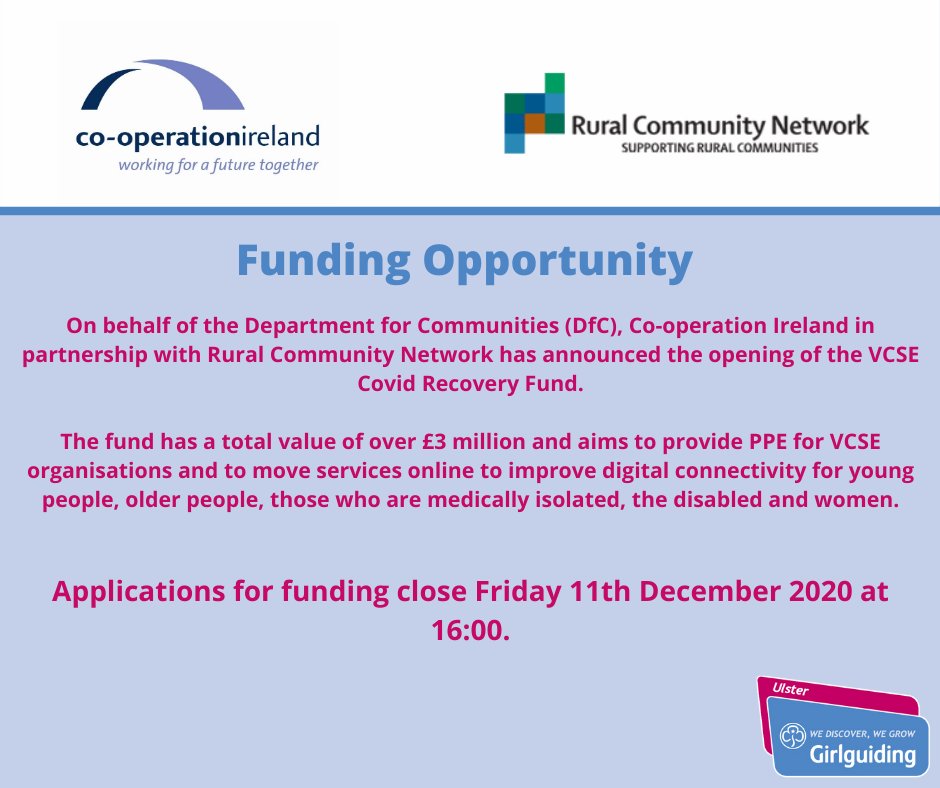 FUNDING: @CommunitiesNI, @cooperationirl in partnership with @RuralCommNet has announced the opening of the VCSE Covid Recovery Fund. These funds will help assist the delivery of services to those most in need. To apply for the fund, click here: bit.ly/2UH7lYg