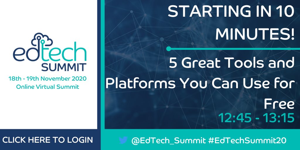 EdTech_Summit's tweet photo. 10 Minutes to go! | 5 Great Tools and Platforms You Can Use for Free | Led by @itbadger &amp; David Monk

Login Here: https://t.co/Q2NlITNmjg

Register here: https://t.co/gwTVeZ72XH

#EdTechSummit20 #EdTech https://t.co/NpptfSK8na