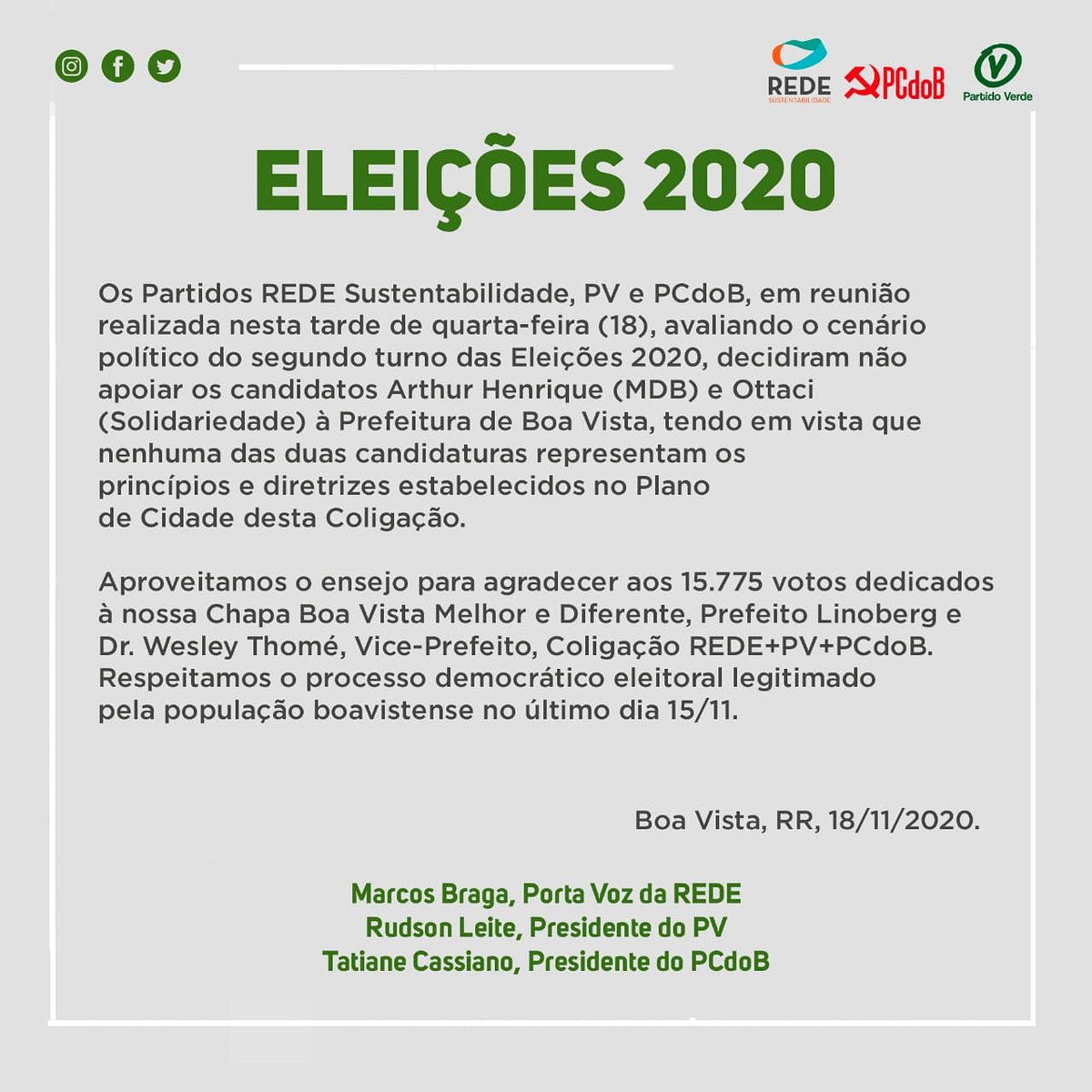 RedeRoraima's tweet image. Nota Oficial da Coligação Boa Vista melhor e diferente sobre o segundo turno das eleições 2020.