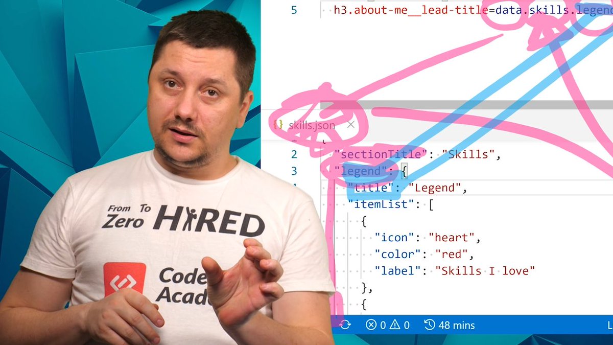 youtu.be/Y_3aStM_ddY
035 add data for our legend in the skills section 

Let’s start to create the structure for our legend area in the skills section. We’ll make use of pug and loops similar to JavaScript to generate the HTML for...