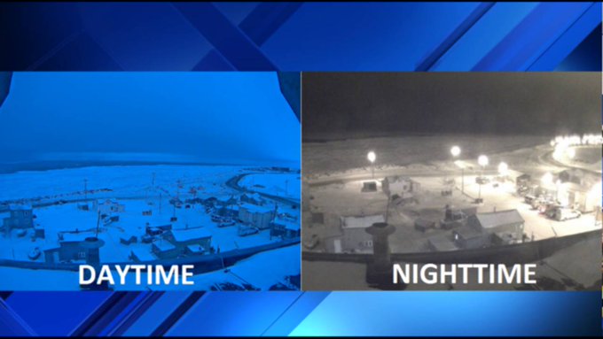 MarGomezH's tweet photo. Ayer el sol salió a las 12:54 en Utqiagvik (antes conocido como Barrow), Alaska para ponerse apenas 34 minutos más tarde. Ha sido la última vez que el pueblo ha visto la luz del sol este año. Tendrán que esperar hasta el 22 de enero de 2021 después de 1560 horas de oscuridad https://t.co/Ot238UsQGq