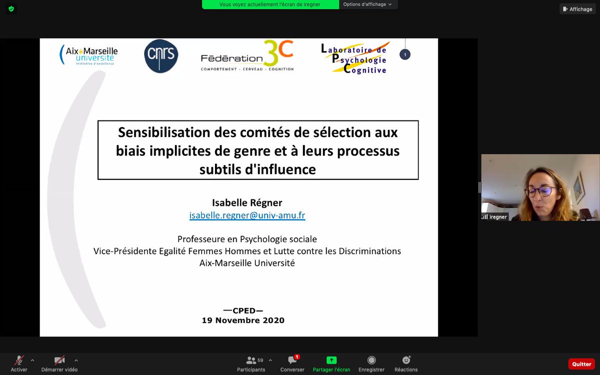 cped_egalite's tweet photo. Toute la journée, les établissements membres du réseau CPED se retrouvent autour des questions d'égalité professionnelle. On commence par l'intervention d'Isabelle Régner, sur les biais de genre dans les processus de sélection des enseignant·es-chercheur·ses #rencontresCPED #ESR https://t.co/PBj98Y67ZJ