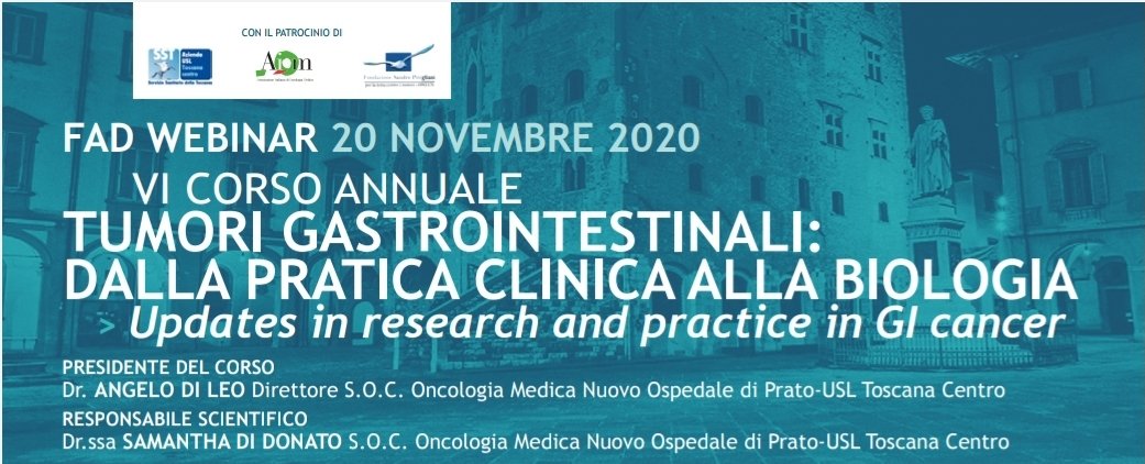 OncologiaPrato's tweet photo. FAD WEBINAR 20 NOVEMBRE 2020 
SEGRETERIA SCIENTIFICA 
VI CORSO ANNUALE
TUMORI GASTROINTESTINALI:
DALLA PRATICA CLINICA ALLA BIOLOGIA
 > Updates in research and practice in GI cancer https://t.co/kYemFiDnVD