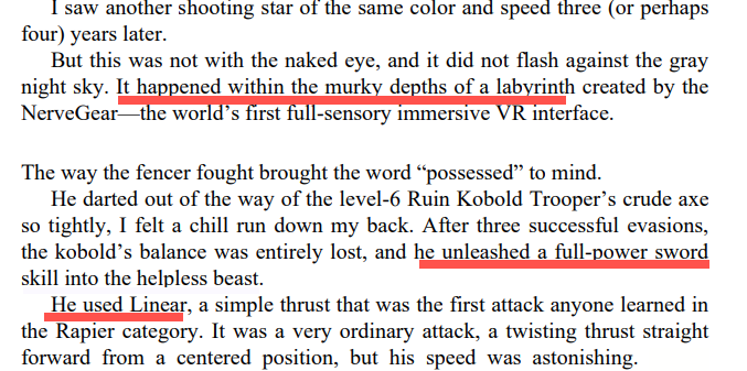 SPOILER He sees a person using the "linear" skill (the scene in the PV) in the middle of the dungeon, which reminds him of a shooting star, he is enchanted and approaches the fencer, mentioning the overkill. So, that scene is 100% from Kirito's PO.