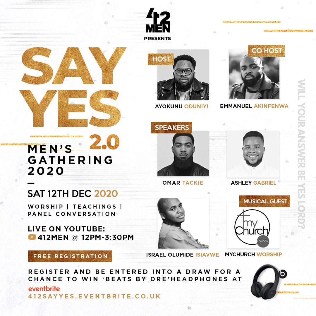 ByAyokunu's tweet photo. SAY YES 2.0 //
Menโs Gathering 2020 on 12.11.2020
FREE REGISTRATION ๐ซ๐๐พ
https://t.co/PwhrhbaXBf
Each register enters draw to win Beats By Dre ๐ง.
Going to be a blast ๐ฅ #412MEN https://t.co/XQFmgHRiH7