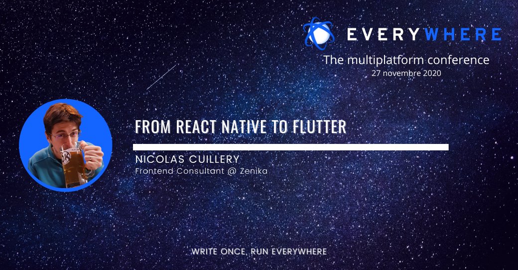 ☁️☁️ Everywhere Event - 27/11 ☁️☁️

🎙️ From React Native to Flutter by @ncuillery  from <a href="/ZenikaIT/">Zenika</a> 
REGISTER : bit.ly/38HEM4O

#crossplatform #reactnative #flutter  poke <a href="/FlutterFrance/">Flutter France 🥖💙</a>