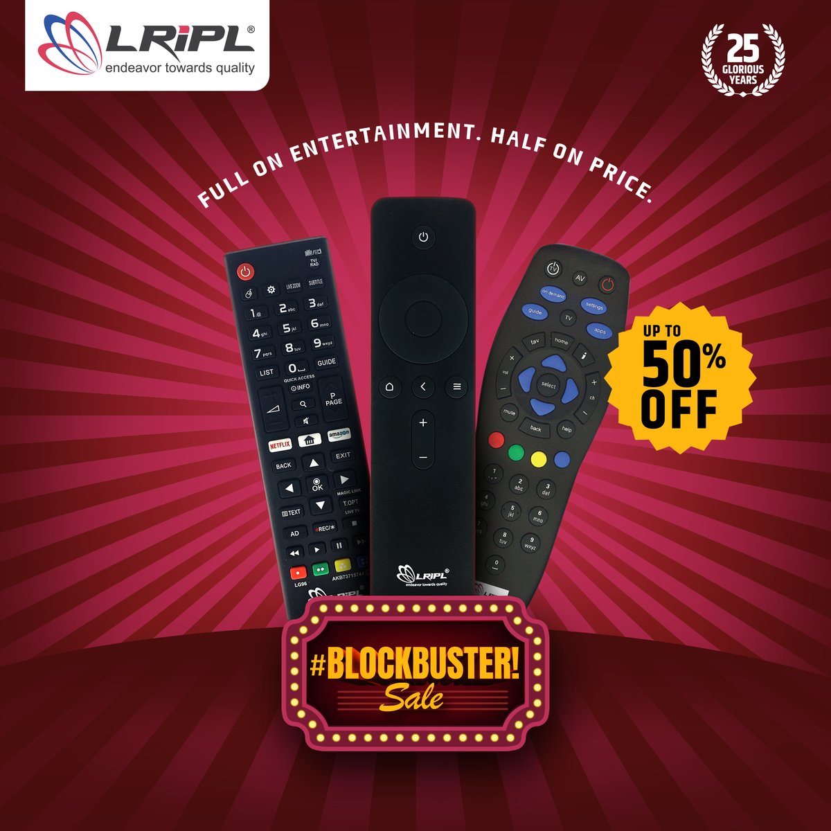 LRIPL's tweet photo. The celebrations are not over yet! The #BlockbusterSale is on, get flat 50% off on all TV and DTH #LRIPL remotes.
Shop our range of Remote controls on https://t.co/JM1woi1PHt https://t.co/p8HfRvNAPq