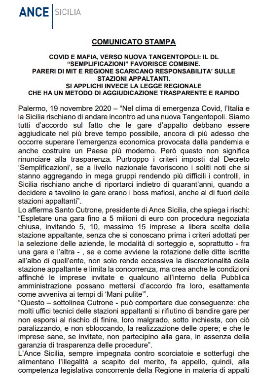 AnceSicilia's tweet photo. COVID E MAFIA, VERSO NUOVA TANGENTOPOLI: IL DL “SEMPLIFICAZIONI” FAVORISCE COMBINE. PARERI DI MIT E REGIONE SCARICANO RESPONSABILITA’ SULLE STAZIONI APPALTANTI. SI APPLICHI INVECE LA LEGGE REGIONALE CHE HA UN METODO DI AGGIUDICAZIONE TRASPARENTE E RAPIDO

https://t.co/QVhI814Ntp https://t.co/WizsFktVU3