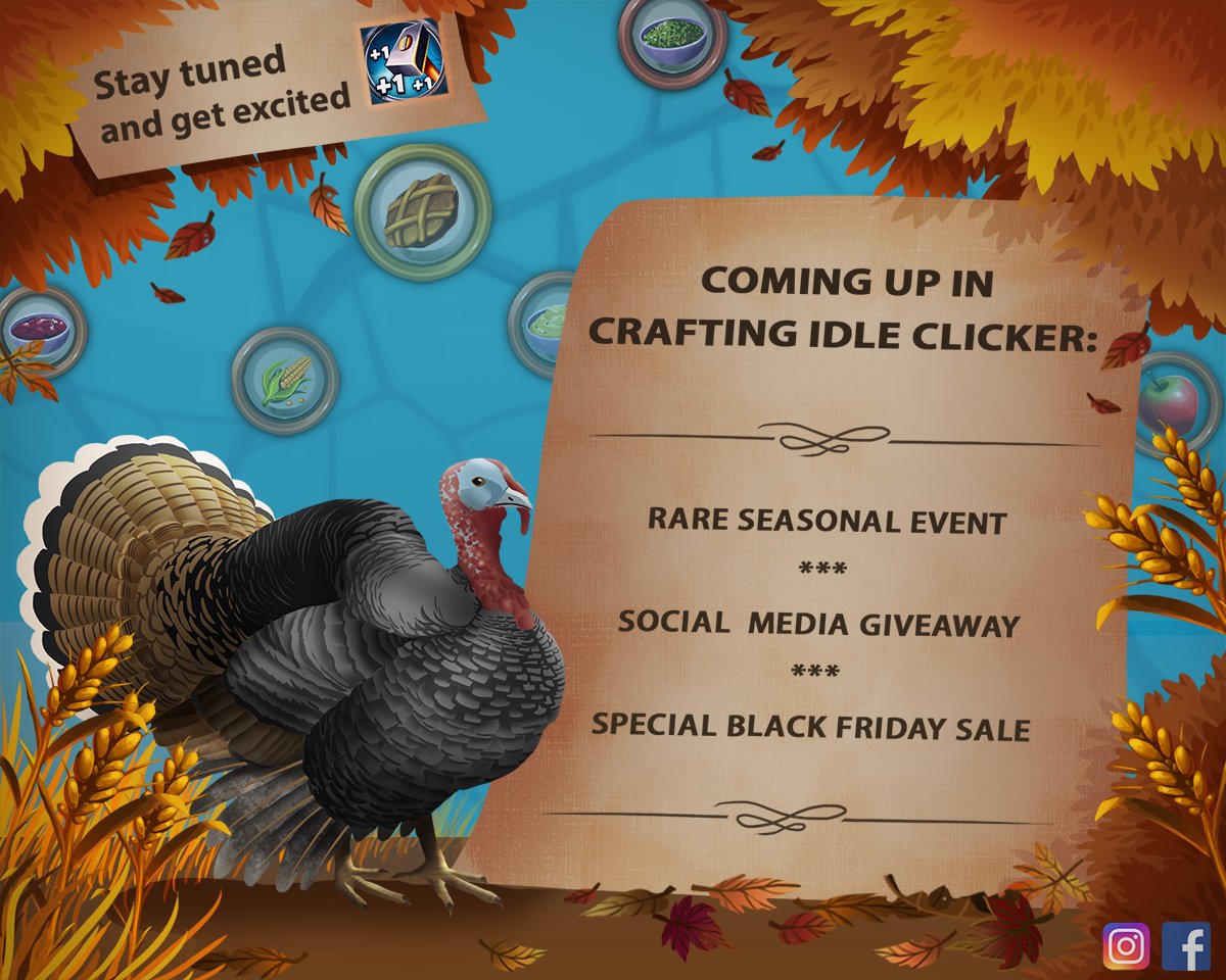 IdleClicker's tweet photo. Coming soon in Crafting Idle Clicker! 
Can you celebrate thanksgiving this year or are you having to plan a lockdown turkey? Let us know down below! https://t.co/Z4gwMLSoZN