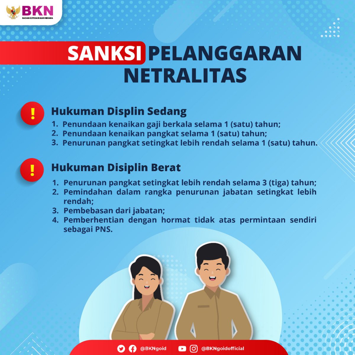 "Kategori dan sanksi pelanggaran netralitas pegawai ASN, mulai dari masa sebelum dan setelah penetapan calon dalam Pilkada Serentak 2020"

Untuk pegawai ASN, wajib tahu ketentuan ini 👇

Selengkapnya 

bkn.go.id/berita/aktivit…