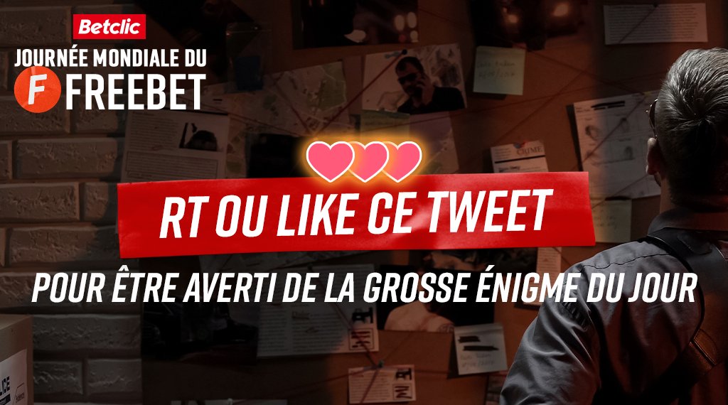 Betclic's tweet image. 👊 Bon la team... On vous a prévu une SUPER #EnigmeBetclic du jour pour cette #JournéeMondialeDuFreebet ! Il faudra être vif, seuls les premiers à trouver la réponse gagneront des Freebets 🤑

Tu veux être averti dès qu'elle sort ? RT ou Like ce tweet et tu recevras une notif 😉