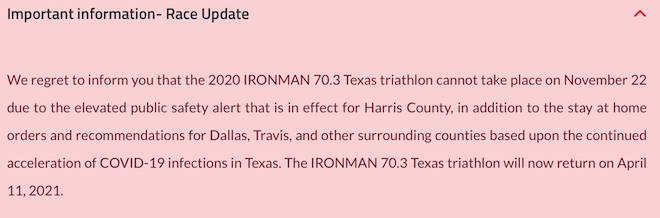 No Ironman 70.3 Texas this weekend - the race has been canceled. More details at ironman.com/im703-texas