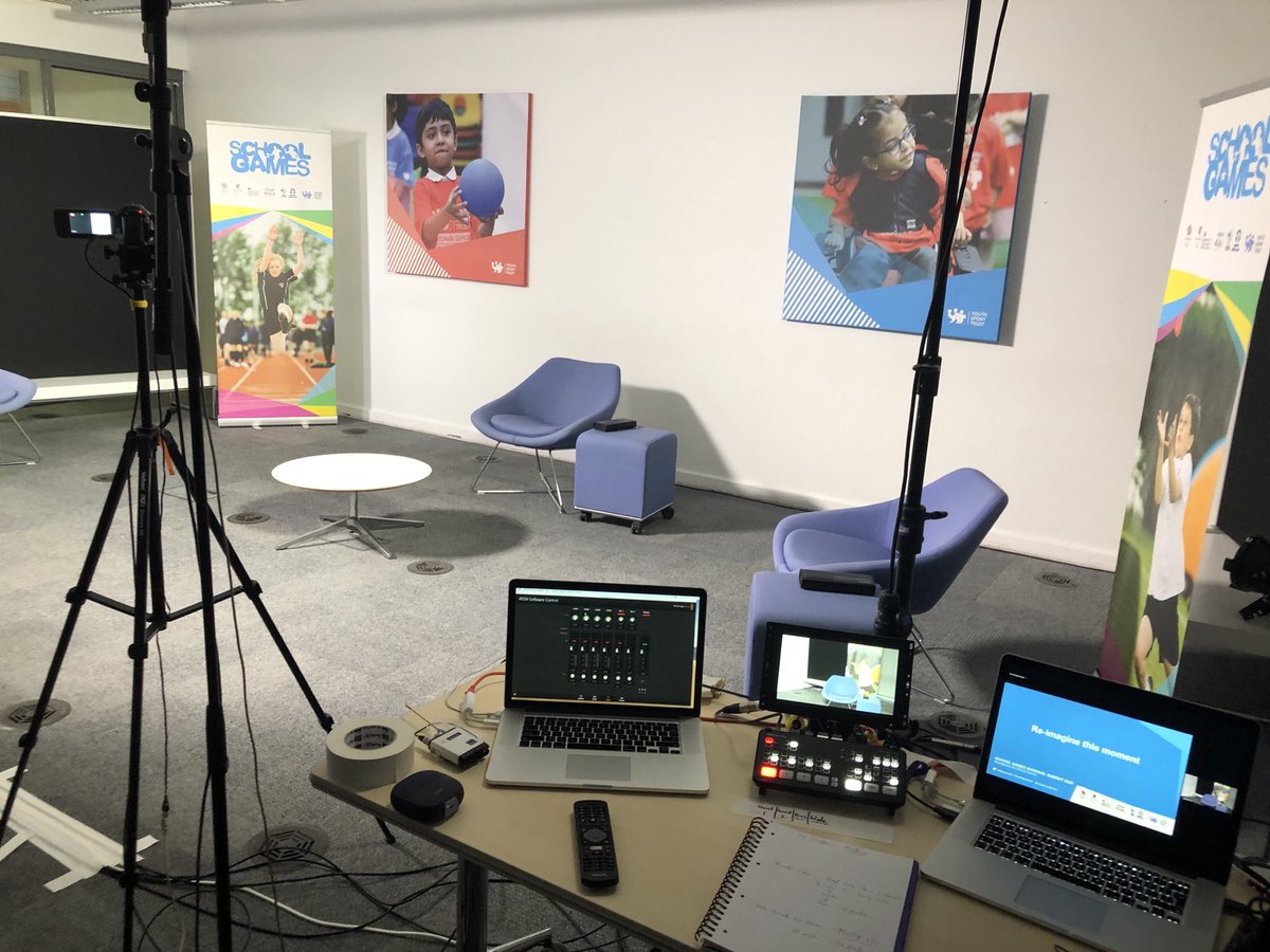 AliOliverYST's tweet photo. The set is ready, the studio is lit, final technical checks underway. Today is the ⁦@YourSchoolGames⁩ Summit. The opening is broadcast from ⁦@YouthSportTrust⁩ @lborouniversity⁩. Thank you ⁦@Sport_England⁩ @TNLU ⁦@ParalympicsGB⁩ ⁦⁦@DHSCgovuk⁩ https://t.co/IhTL9Qa0yt