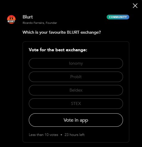 BlurtOfficial's tweet photo. Vote for your favourite $BLURT exchange on the @blockfolio poll! https://t.co/y4wAvlcYST #blurt #cryptocurrency https://t.co/JQPNEpnwOV