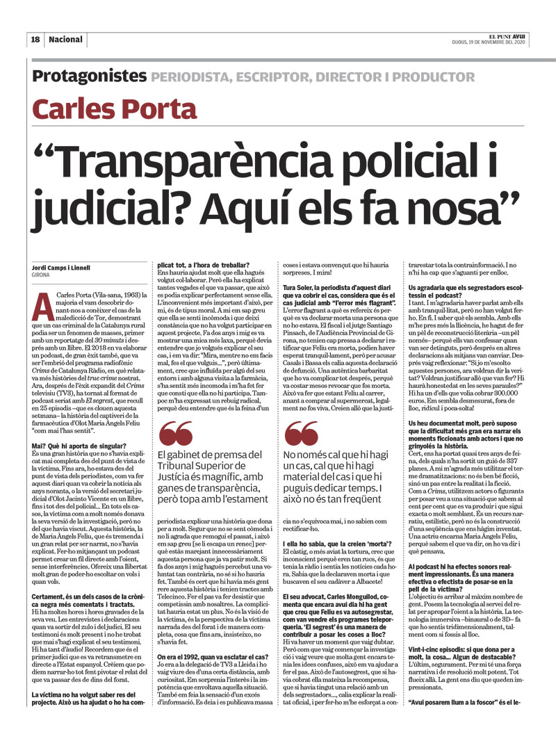 jclinnell's tweet photo. Entrevista a @Carles_Porta periodista, escriptor, guionista, productor i director que acaba d'estrenar el cas #ElSegrest de la farmacèutica d'Olot M.M. Feliu al podcast de @CatalunyaRadio, via @elpuntavui
A continuació obro fil amb les frases més destacades: https://t.co/IhY7IUZpua