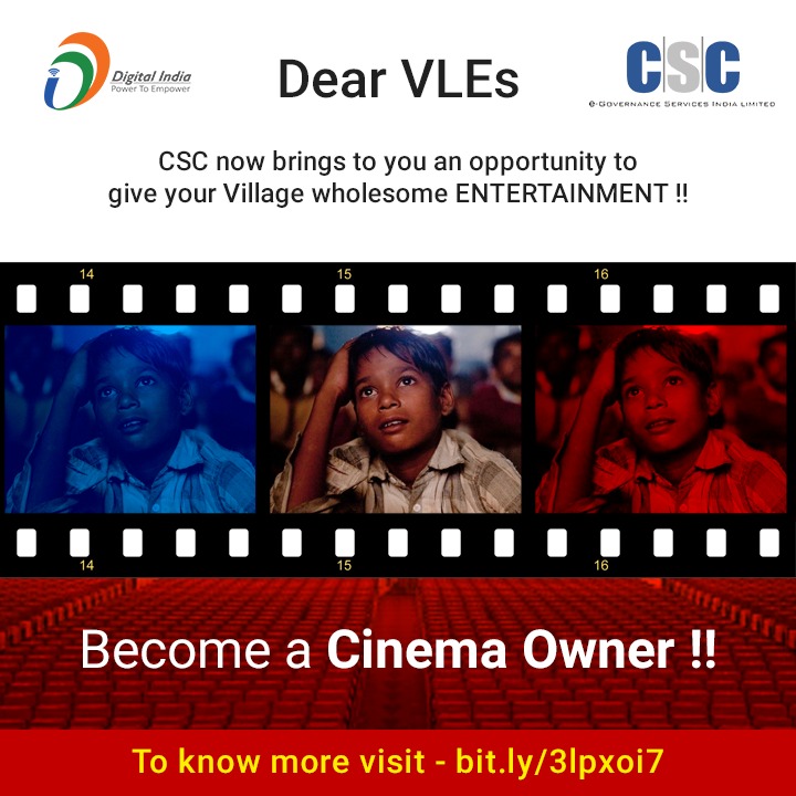 CSCegov_'s tweet photo. CSC Launching Rural Cinema...

Dear VLEs, #CSC now brings to you an opportunity to give your village wholesome ENTERTAINMENT...

Become a Cinema Owner!!

#DigitalIndia #TransformingIndia #CSCCinema #RuralCinema #ThursdayMotivation #thursdayvibes https://t.co/9xRnDvXZEO