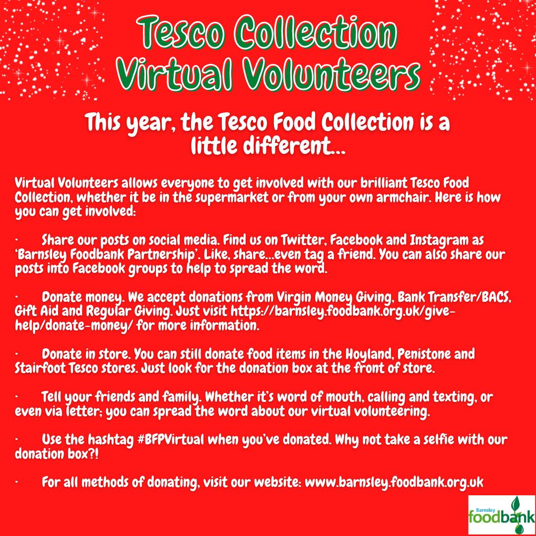 BarnsFoodbank's tweet photo. Our Tesco Collection begins today and we're so excited here at Barnsley Foodbank Partnership!
It may be a little different this year, but we've put together this Virtual Volunteer campaign to ensure everyone can get involved. #BFPVirtual https://t.co/ZN2B3KN4EV