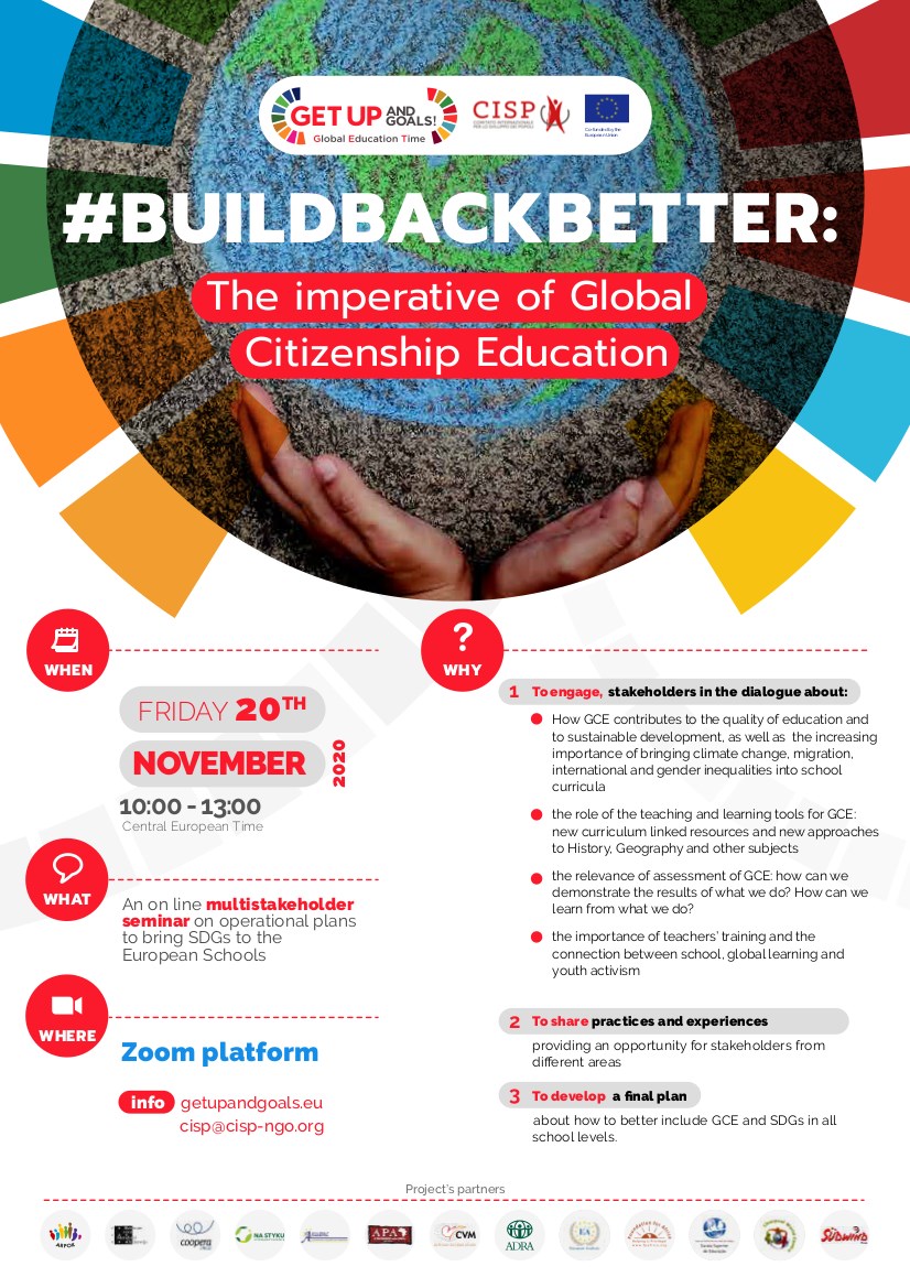 CISPorg's tweet photo. #BuildBackBetter 👉 sull'importanza di portare l'Educazione alla Cittadinanza Globale e gli Obiettivi di Sviluppo Sostenibile nelle nostre scuole.
20 novembre 2020 👉 l'evento finale del nostro progetto #GetUpAndGoals
Info 👉https://t.co/M65F0f5UBO
#SDGs #Agenda2030 https://t.co/LJ0yMCJn5b