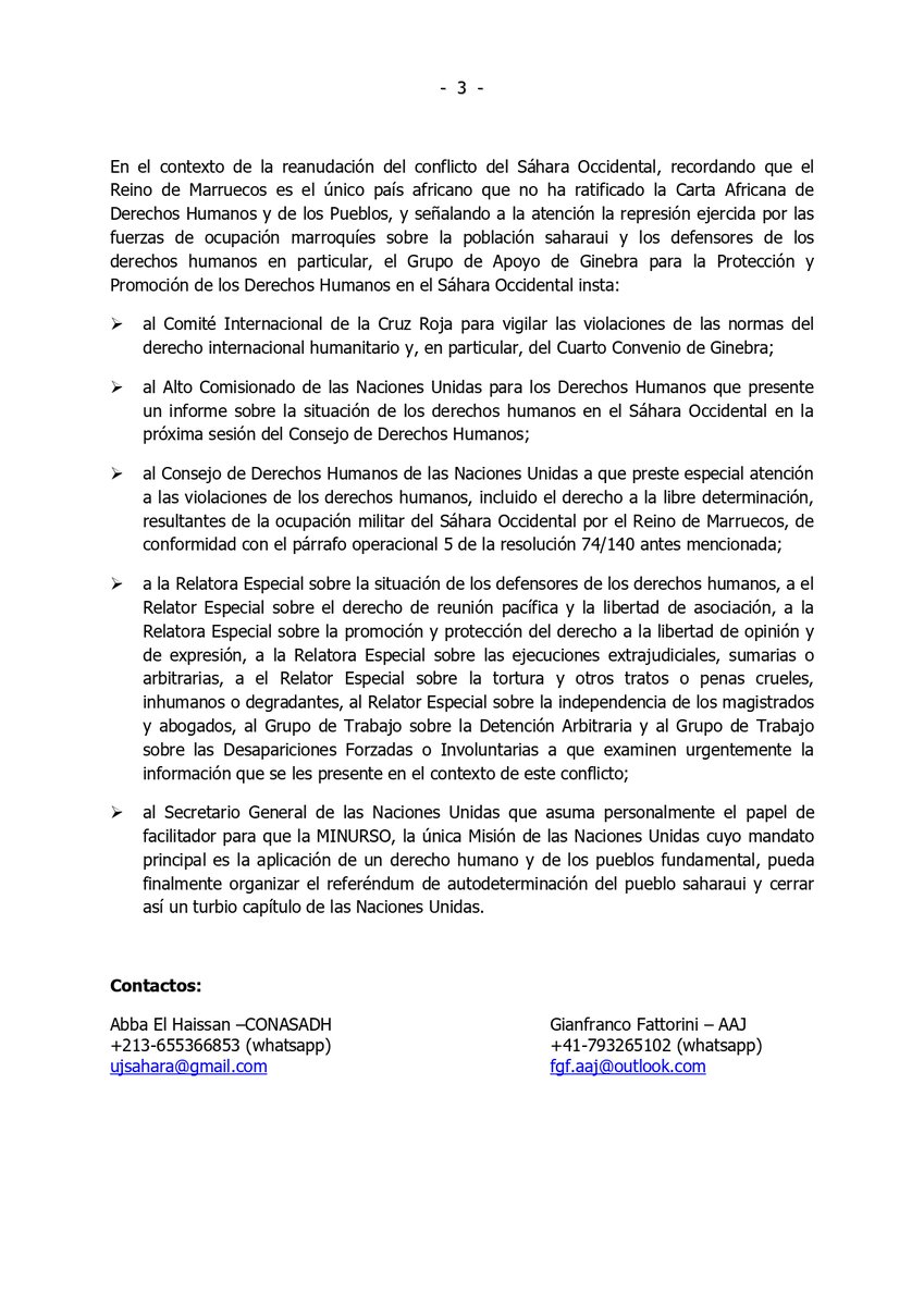#BuenosDías 👋🇪🇭

Parece que <a href="/ONU_es/">Naciones Unidas</a> y <a href="/desdelamoncloa/">La Moncloa</a> aún no se dan por aludidos/as por lo que está ocurriendo en el #SáharaOccidental, así que insistimos con un nuevo comunicado, esta vez del Grupo de Apoyo de Ginebra a la RASD (+250 organizaciones): cutt.ly/phqJtwQ