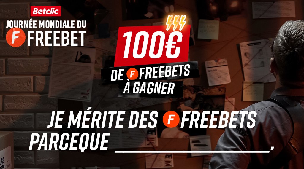 Betclic's tweet image. T&apos;as 14h15 pour braquer Betclic ⌚️

👊 Prêt(e) à sortir ta meilleure punchline pour la #JournéeMondialeDuFreebet ?

Complète la phrase : &quot;Je mérite des Freebets parce que......&quot; et tente de remporter 5 x 100€ de Freebets 🔥