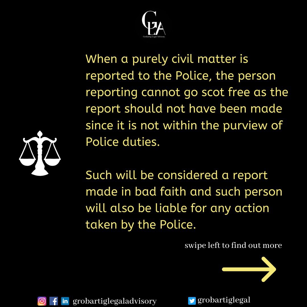 GrobartigLegal's tweet photo. 🚫Owing money is not a crime and should not be referred to the police.

❌❌❌ It is both illegal and unconstitutional to involve the police in recovering debt, if you do this, you could be sued as there is a laid down procedure for debt recovery.

#GrobartigLegalAdvisory https://t.co/4VTBvHnZUq