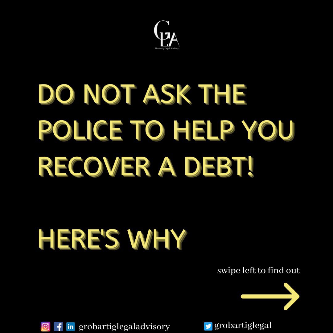 GrobartigLegal's tweet photo. 🚫Owing money is not a crime and should not be referred to the police.

❌❌❌ It is both illegal and unconstitutional to involve the police in recovering debt, if you do this, you could be sued as there is a laid down procedure for debt recovery.

#GrobartigLegalAdvisory https://t.co/4VTBvHnZUq