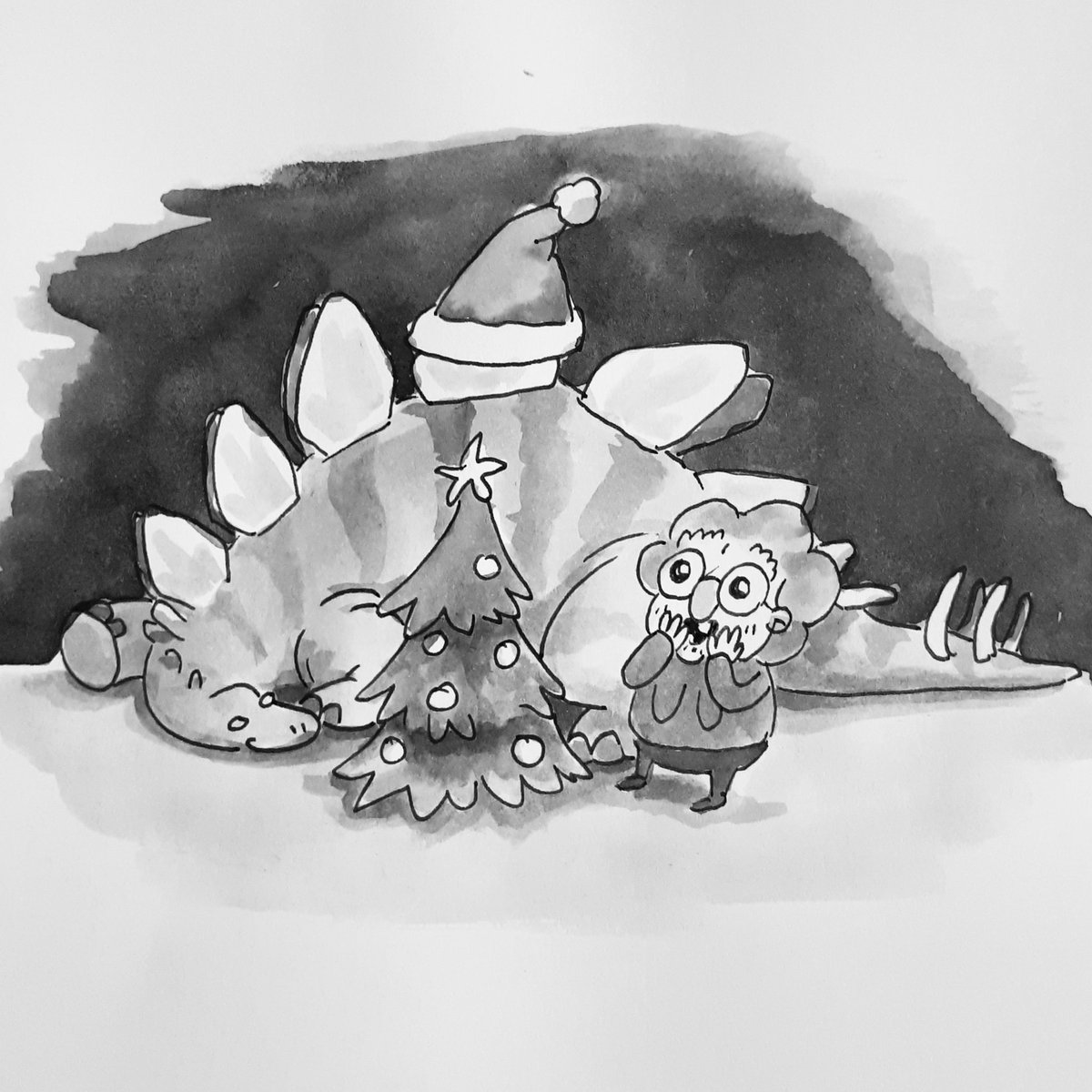 owlgress_illu's tweet photo. #dinovember #dinosaurs #grannyannie #illustration #ink #blackandwhite #stegosaurus #christmas https://t.co/DlvL20aUjH